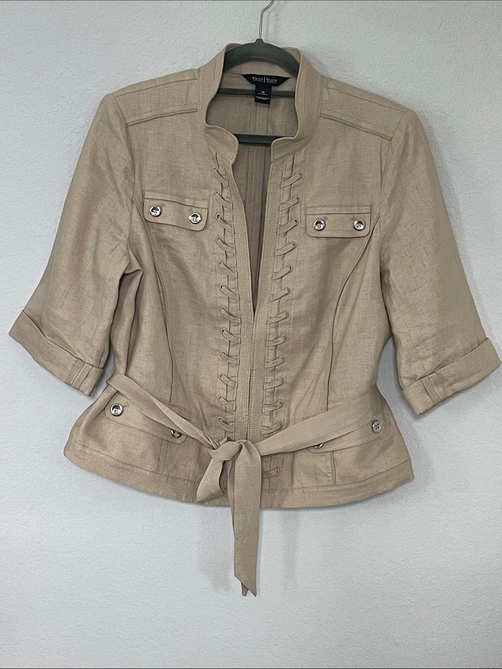 White House Black Market Linen Safari Jacket Belted Tan Size 14